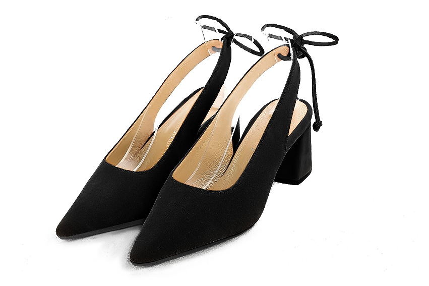 Dress slingback heels in matt black leather with medium flare heels and pointed toe - Front view